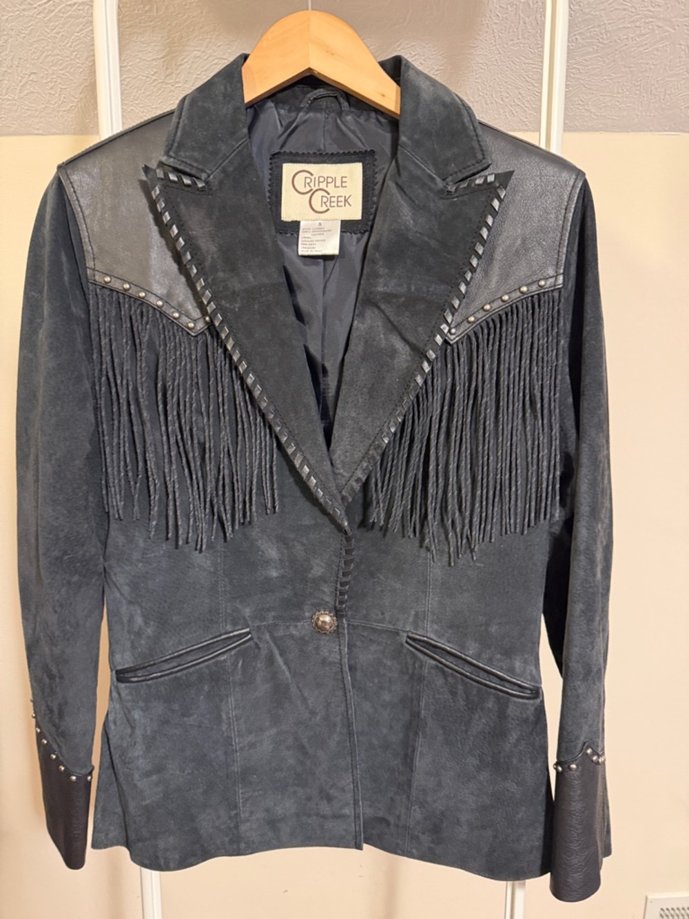 Cripple Creek black suede and leather jacket with fringe - size small